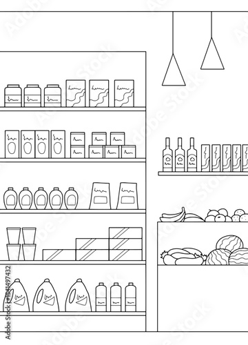 Grocery store shop interior black white graphic vertical sketch illustration vector 