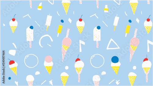 Colorful icecreams float cheerfully against light blue playful summer background pattern