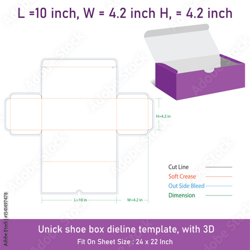 Unick shoe box dieline template, with 3D, vector file