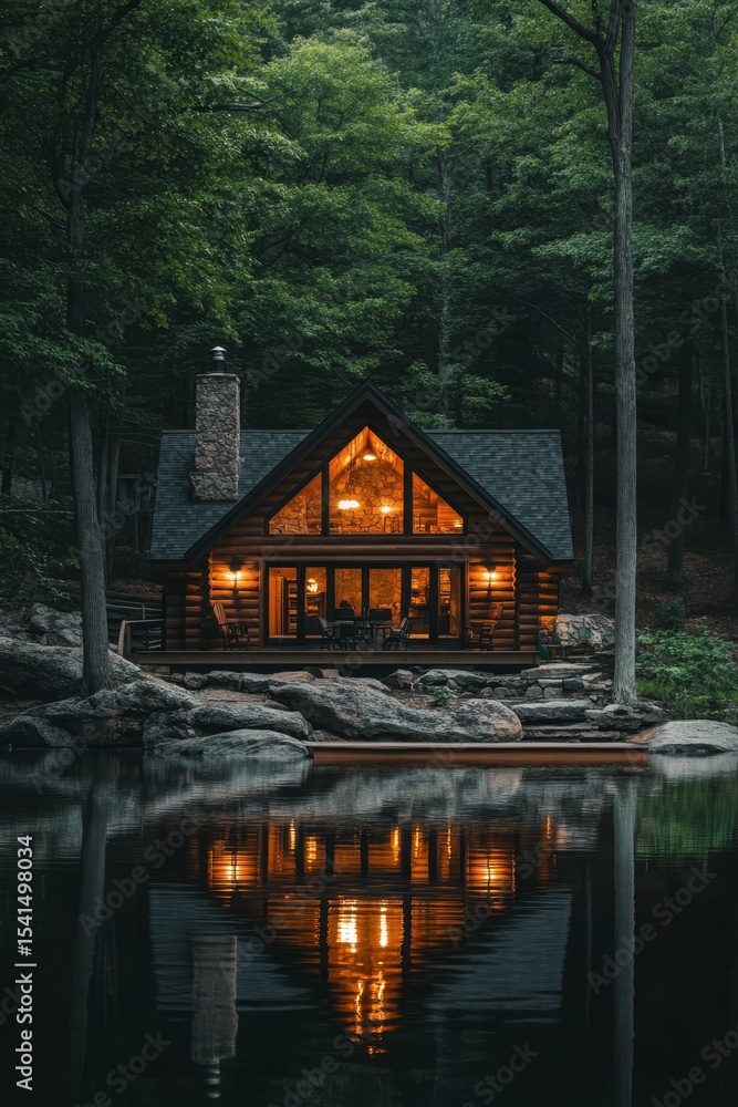 Fototapeta premium Serene Lakeside Cabin Surrounded by Trees with Reflections on Water at Dusk for Relaxation