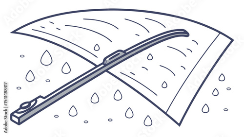 Illustration of a car windshield wiper cleaning rain droplets off a curved glass surface in black and white