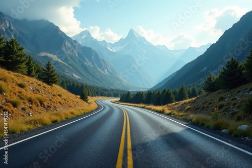 Empty asphalt road curves through majestic mountains , mountain road, winding road