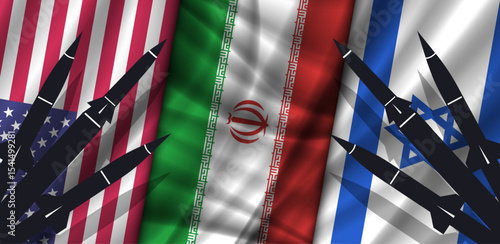 Vector wavy national flags, United States of America, Islamic Republic of Iran and Promised land. Shadows and silhouettes of rockets. USA and Star of David alliance. Political military wide banner