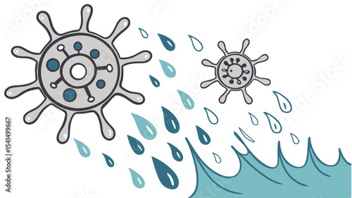 Illustration showing two stylized gray microorganisms shedding water droplets into a wavy blue ocean water surface