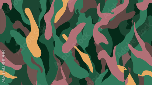 Abstract shapes overlap creating camouflage design in seamless backdrop modern style