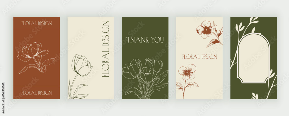 Fototapeta premium Floral social media templates backgrounds for stories, personal blog. Vector minimal aesthetic design banners with flowers and leaves 