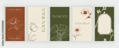 Floral social media templates backgrounds for stories, personal blog. Vector minimal aesthetic design banners with flowers and leaves
