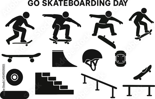 Black silhouette icon set for Go Skateboarding Day. Includes solid black vector pictograms of a skateboarder performing tricks, skateboarding downhill, ollie, kickflip, skateboard deck, ramp, helmet, 