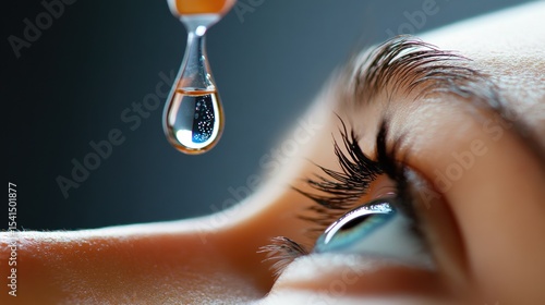 Close-up of an eye with a dropper releasing a liquid drop above it