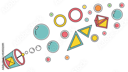 Illustration of a toy cannon shooting out bubbles circles triangles and a geometric shape on a white background