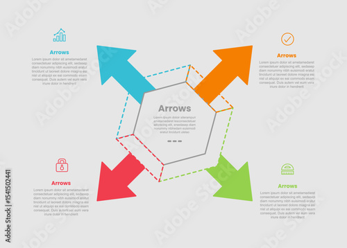 arrow shape infographic diagram with hexagon base with arrow spreading all direction with 4 step for slide presentation
