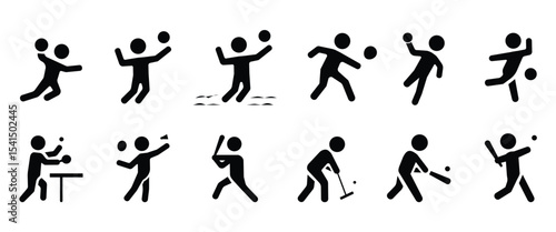Sports flat icon set, Sports icons with ball, basketball, volleyball, beach volleyball, squash, handball, bowling, table tennis, badminton, baseball, gateball, cricket and softball vector icon set.