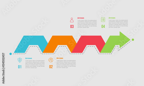 arrow shape infographic diagram with long arrow up and down on horizontal direction with 4 step for slide presentation