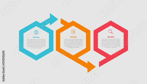 arrow shape infographic diagram with creative hexagon shape with thick outline and arrow up and down with 3 step for slide presentation