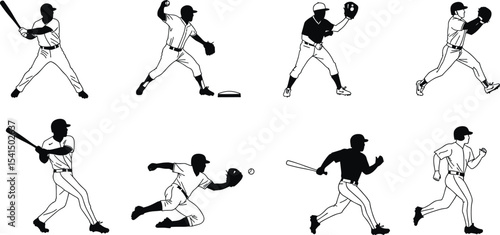 Baseball silhouettes, player actions, dynamic poses, vector sports illustration, athletic movement design, baseball batter catcher pitcher, team gameplay, outline art, competition, motion