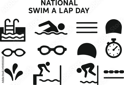 Black silhouette icon set for National Swim A Lap Day. Includes solid black vector pictograms representing swimming pool, swimmer in action, swim lanes, swim goggles, swim cap, stopwatch, water splash