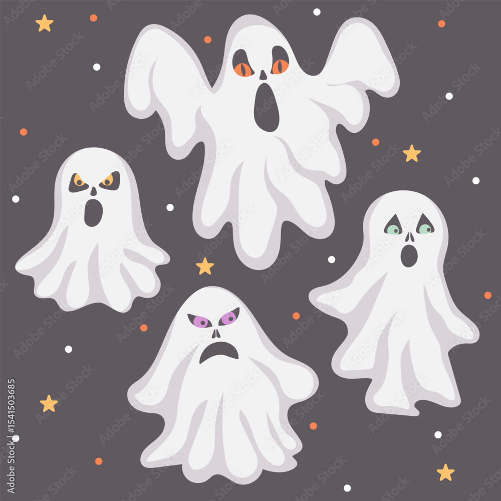 Hand drawn scary ghosts set. Ghostly monsters with Boo scary faces. Element for Halloween decorative design. Vector illustration.