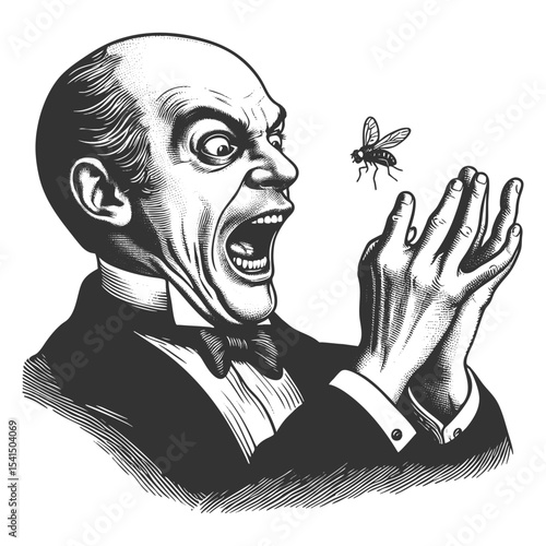 Funny terrified Victorian gentleman recoiling in fear as a bee flies near him sketch engraving generative ai fictional character vector illustration. Scratch board imitation. Black and white image.