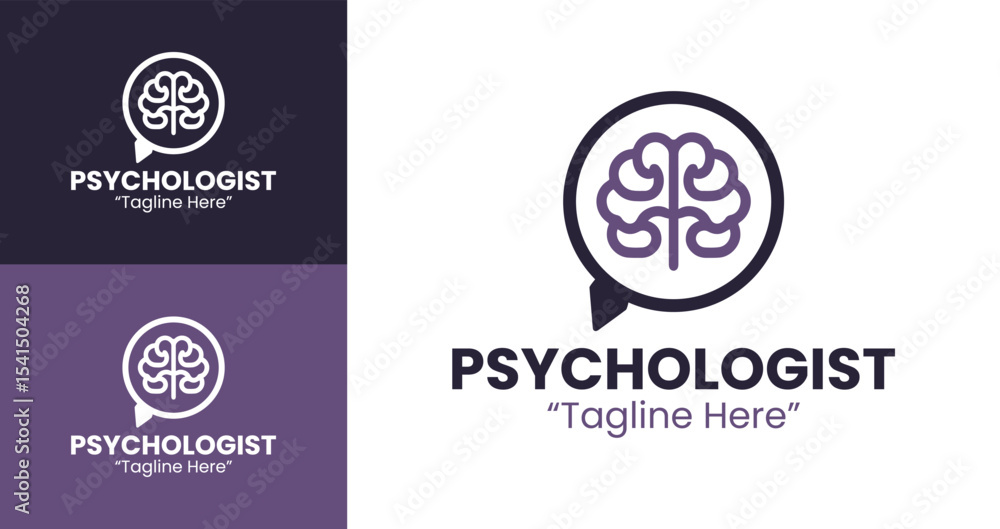 Fototapeta premium Creative Psychologist Logo Design Featuring Brain and Speech Bubble in Purple and White