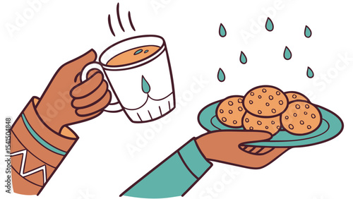 Illustration of hands holding a steaming cup of tea and a plate of cookies with falling water drops