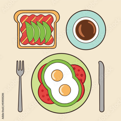 Breakfast Illustration with Avocado Toast Fried Eggs and Coffee Featuring a Fork and Knife Perfect for Food Blogs Recipe Sites and Culinary Content Creation