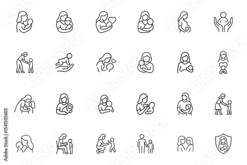 Mother and child line icon set. Mom with baby, son, and daughter. Motherhood, parenting, and maternity vector outline symbols