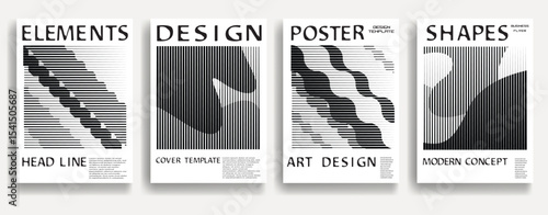 Modern posters . Vector design composition with various geometric shapes . Abstract contemporary art . Vector art ideal for media, ads, covers, brochures, banners. Black and white.
