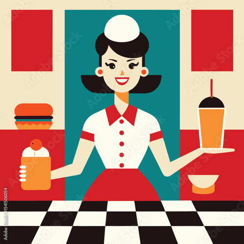 Retro Diner Waitress Serving Food and Drinks with a Smile Illustrated in a Flat Design Style with a Checkered Floor and Colorful Background
