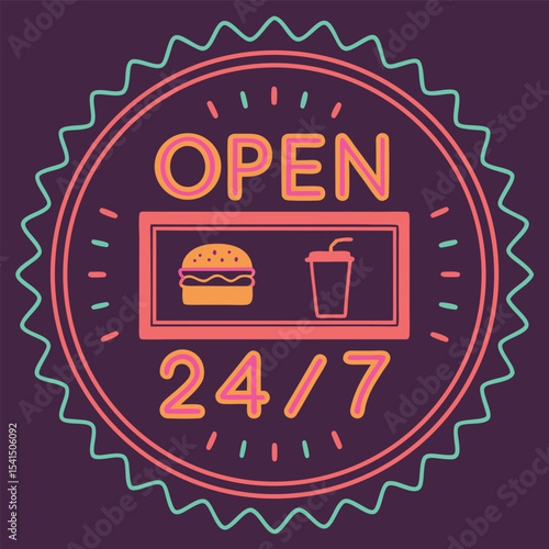 Open 24 7 Retro Style Sign with Burger and Drink Icons Colorful Design for Restaurant Diner or Fast Food Establishment Vector Illustration on Dark Background