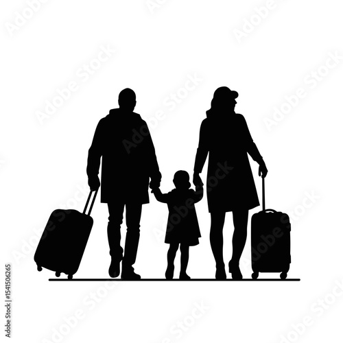 Family traveling together holding hands with luggage in silhouette  