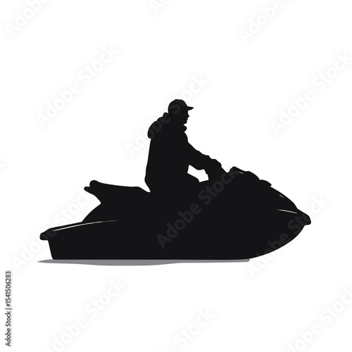 Silhouette of a man riding a jet ski against a white background  
