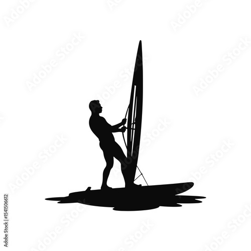 Male windsurfer standing on board with sail on calm water  