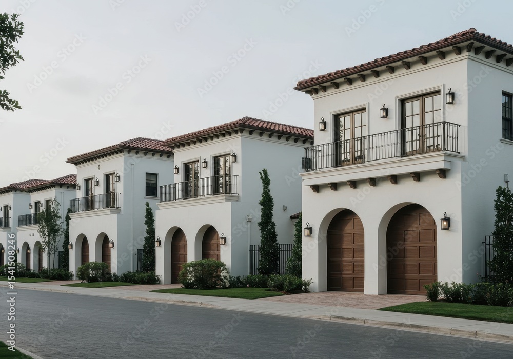 Row of white stucco houses with arched garages and tile roofs in a neighborhood Row of white stucco houses with arched garages and tile roofs in a neighborhood
