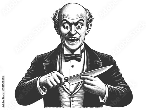 Funny wild-eyed Victorian gentleman gripping a large kitchen knife with intense and unsettling enthusiasm sketch engraving generative ai fictional character vector illustration. Black and white.