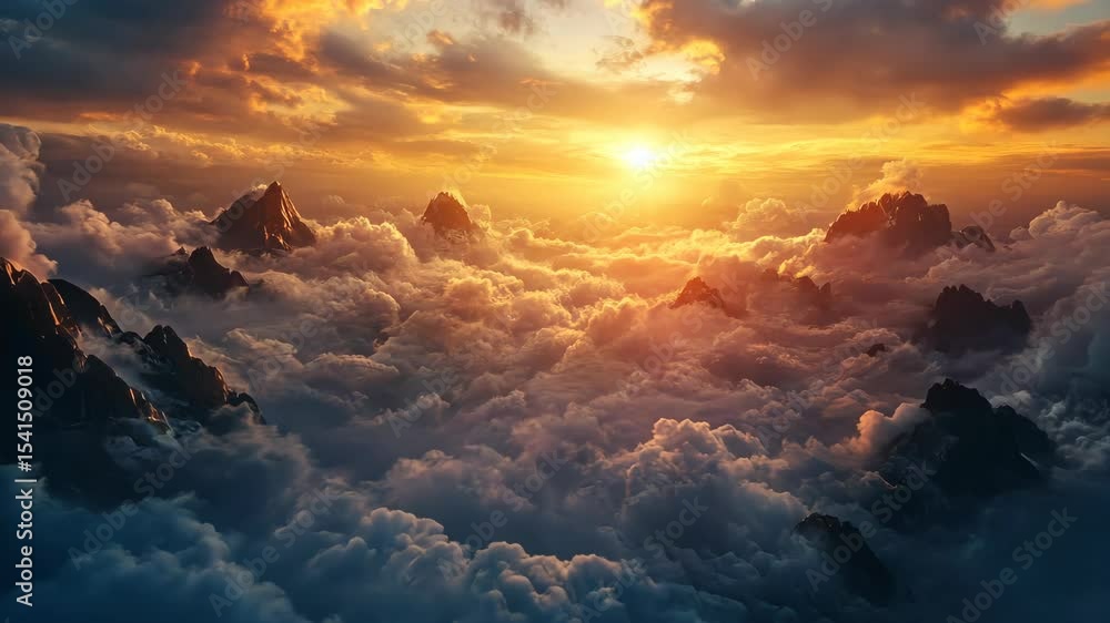 Majestic sunset over a sea of clouds and mountain peaks Majestic sunset over a sea of clouds and mountain peaks
