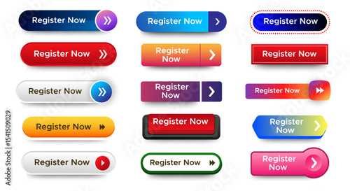 Set of Register now icons button design. Colorful Register button pack for website, ads, UI, and project. vector 