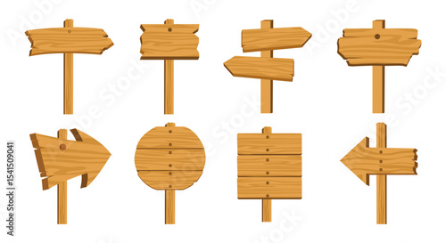 Set wooden banner, sign posts or boards design template. Signboard collection, templates of billboards, rural announcement signs. vector illustration