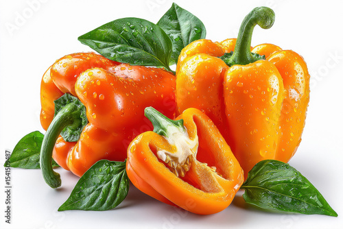 Two orange bell peppers on white background