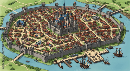 Hand Drawn Fantasy City Map - RPG & Worldbuilding Vector