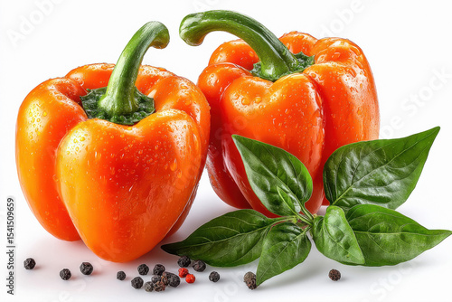 Two orange bell peppers on white background
