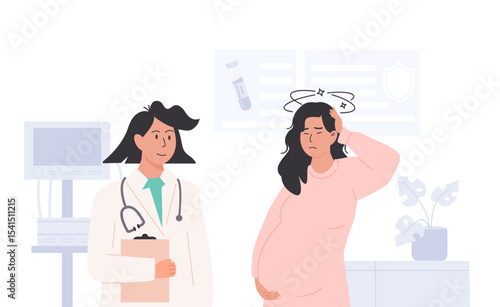 Pregnant woman experiencing dizziness and discomfort while standing in a medical room with blood analysis equipment. Concept of prenatal anemia checkup and pregnancy weakness. Vector Illustration.