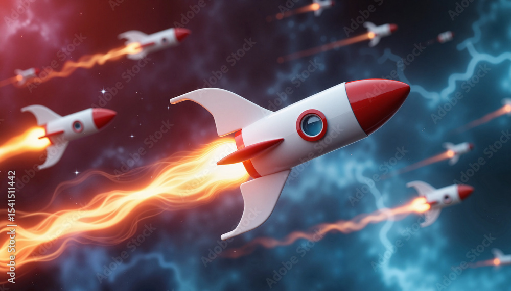 Rapidly flying 3D rockets on a dark background, symbolizing speed Rapidly flying 3D rockets on a dark background, symbolizing speed