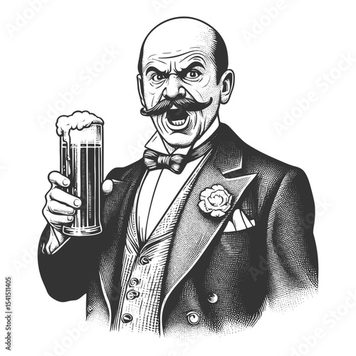 Funny Victorian man with a shocked expression, holding up a glass of dark beer sketch engraving generative ai fictional character vector illustration. Scratch board imitation. Black and white image.