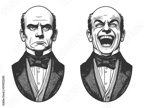 Victorian man displaying contrasting expressions: serious on the left, ecstatic on the right sketch engraving generative ai fictional character vector illustration. Scratch board. Black and white.