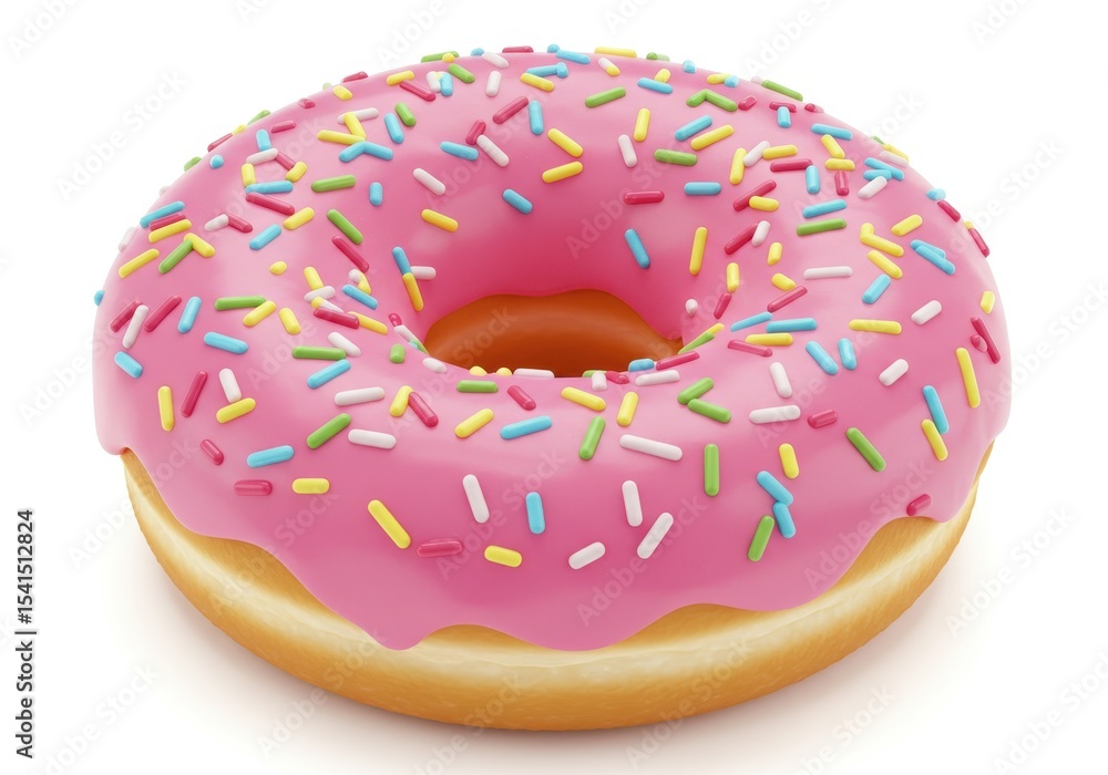 Pink donut with colorful sprinkles isolated on white background, close up view Pink donut with colorful sprinkles isolated on white background, close up view