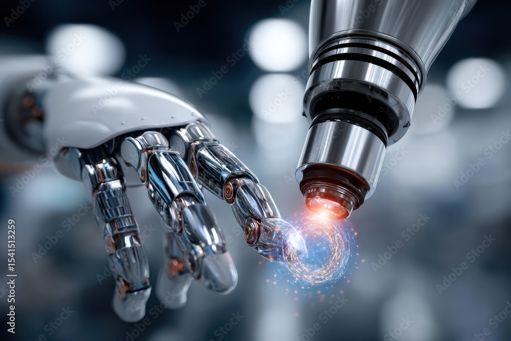 Robotic hand and precision tool interact in a futuristic laboratory setting Robotic hand and precision tool interact in a futuristic laboratory setting