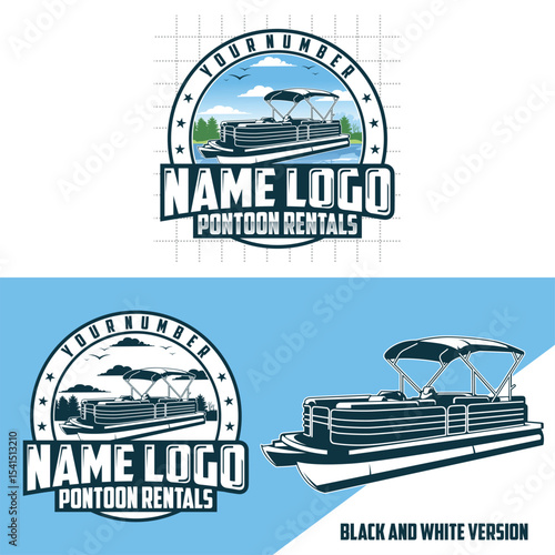 Pontoon boats logo design. Boat rental logo design. Holiday logo design. Pontoon boat with lake vector