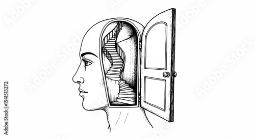 Hand Drawn Mind's Door & Staircase - Conceptual Psychology Vector