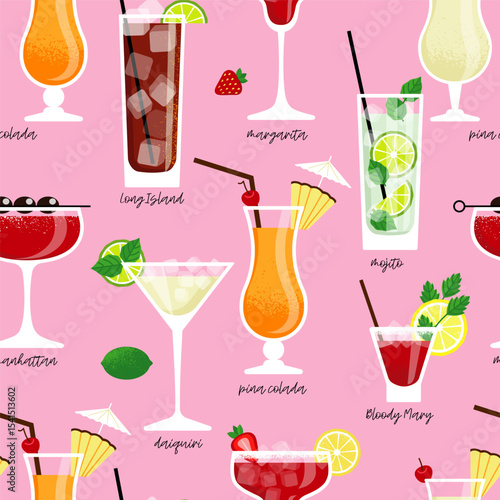 seamless pattern of popular cocktails in glasses of different shapes, each cocktail is signed. background and wallpaper with alcoholic beverages. stock vector illustration. EPS 10.
