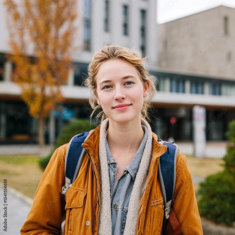Fototapeta premium Young beautiful student woman wearing backpack near the university, looking at camera smiling.